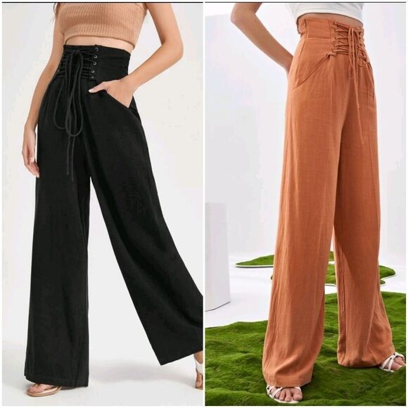 Lace Up Waist Wide Leg Pants - Picture 1 of 8
